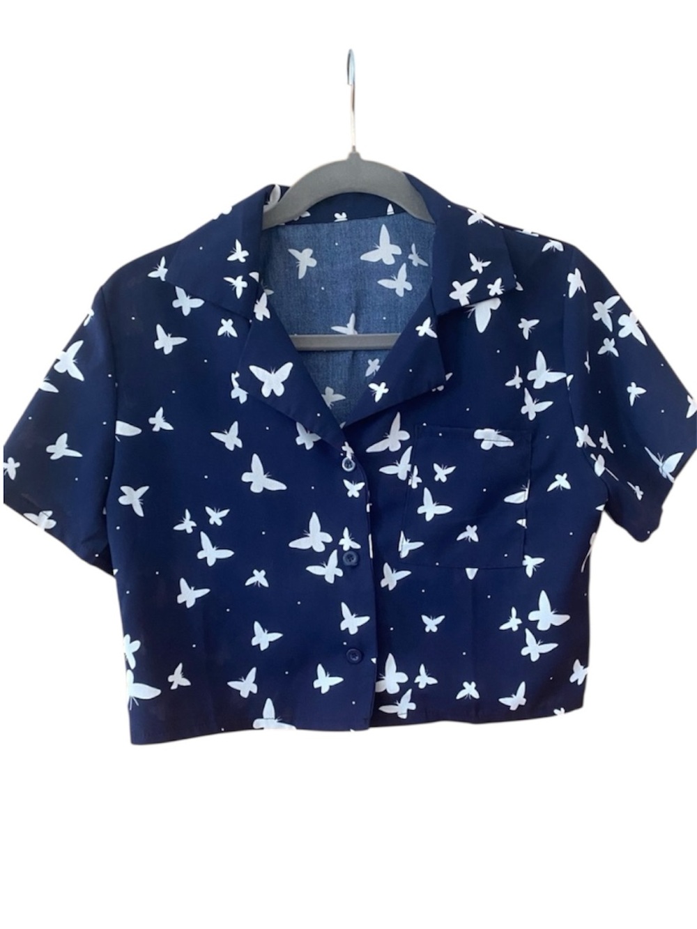 Dazy Butterfly Print Crop Top Button Front Navy Blue Coquette Y2K Size Small